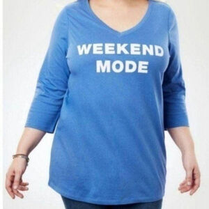 Woman Within Weekend Mode T-shirt Plus Blue V-neck Long Sleeve 2X 26W 28W